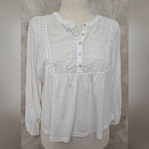 Lucky Brand White Embroidered Peasant Blouse Boho Crochet Trim Long Sleeve Top L